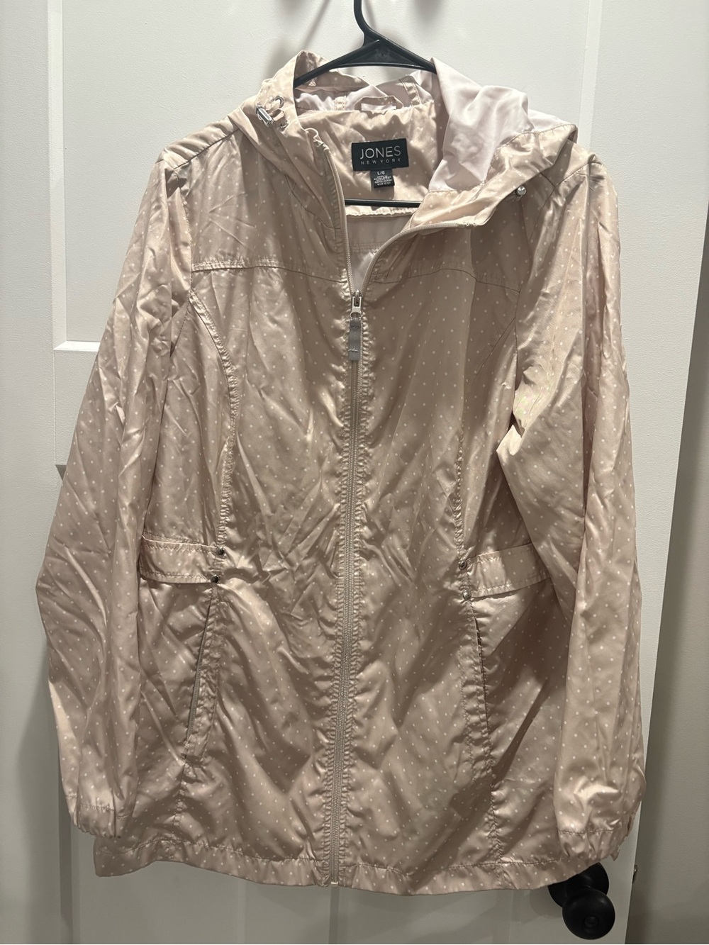 Jones New York Pale Beige Hooded Bomber Jacket with Subtle Dot Print